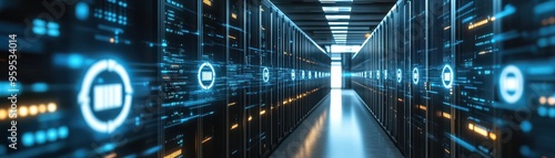 Virtual server room filled with secure copyright symbols, emphasizing data protection in content storage
