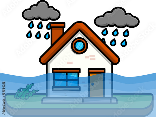 Flood house accident cartoon illustration 