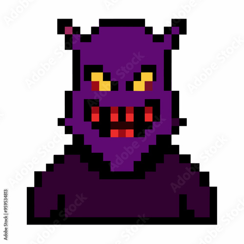 Pixel Art Purple Monster with Yellow Eyes and Red Mouth Retro 8 bit Character Design