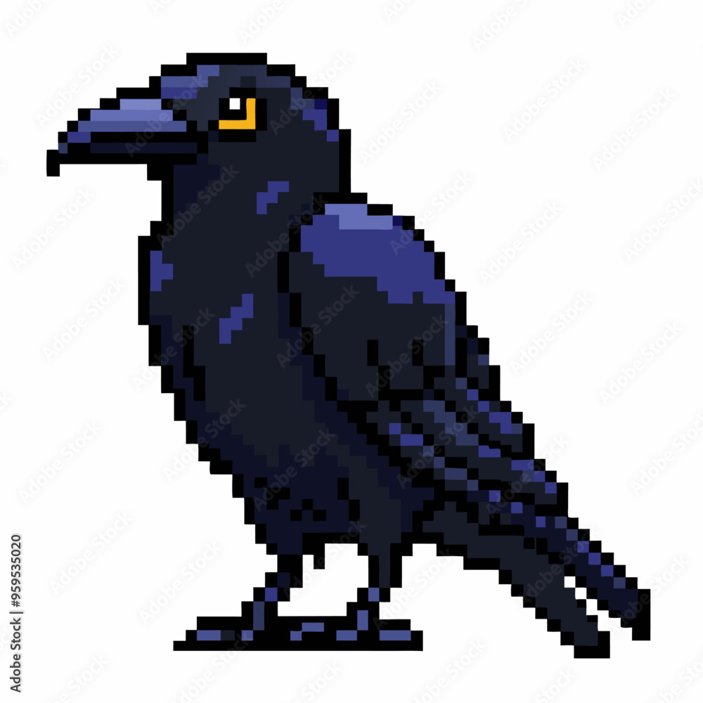 Fototapeta premium Pixel Art Raven Illustration Detailed Retro 8 Bit Black Bird