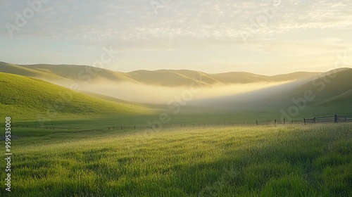 Misty sunrise over a rolling green field with a wooden fence.