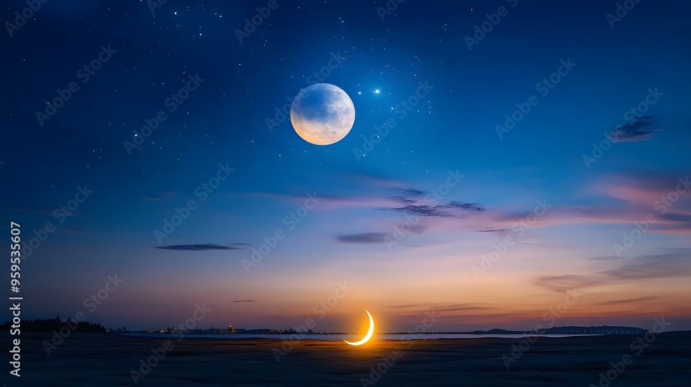 0509 49 A peaceful night sky with a shofar silhouetted against the moon, symbolizing reflection 0509 49 A peaceful night sky with a shofar silhouetted against the moon, symbolizing reflection