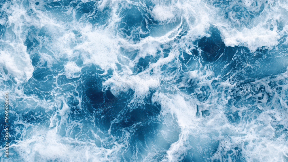 Blue sea texture with waves and foam