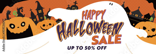 カボチャやお城で飾られたハッピーハロウィンセールの広告背景バナーテンプレート（オレンジ）　Happy Halloween Sale ad banner background template decorated with pumpkins and castles (orange)