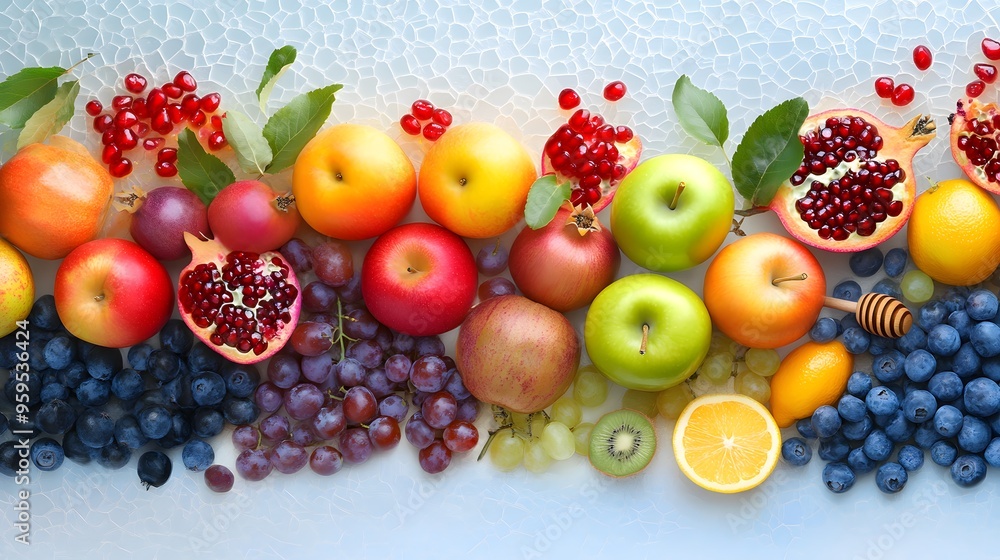 0509 14 A colorful mosaic of traditional Rosh Hashanah symbols like apples, honey, and pomegranates 0509 14 A colorful mosaic of traditional Rosh Hashanah symbols like apples, honey, and pomegranates
