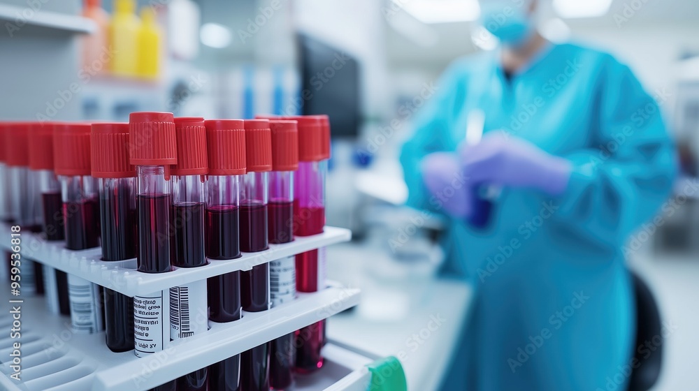 Close-up of test tubes filled with blood samples on a tray, with a gloved healthcare worker in the background. Perfect for showcasing lab work and diagnostics. Close-up of test tubes filled with blood samples on a tray, with a gloved healthcare worker in the background. Perfect for showcasing lab work and diagnostics.