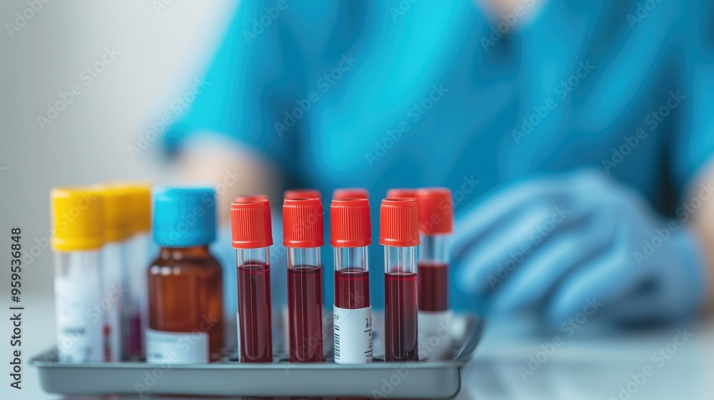 Close-up of test tubes filled with blood samples on a tray, with a gloved healthcare worker in the background. Perfect for showcasing lab work and diagnostics. Close-up of test tubes filled with blood samples on a tray, with a gloved healthcare worker in the background. Perfect for showcasing lab work and diagnostics.