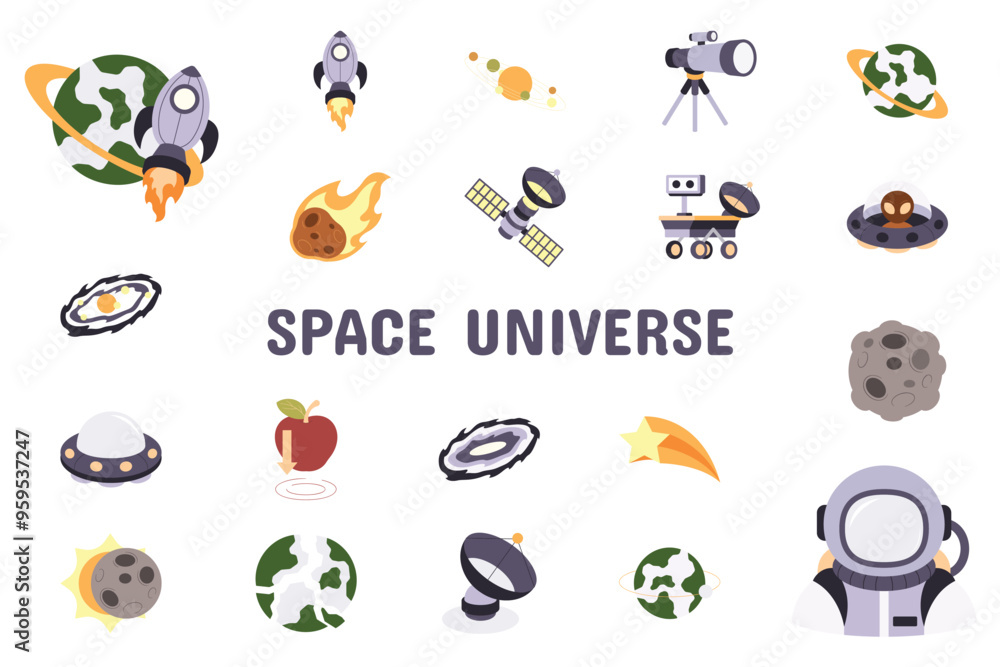 Obraz premium Space Universe Flat Vector Illustration Icon Sticker Set Design Materials