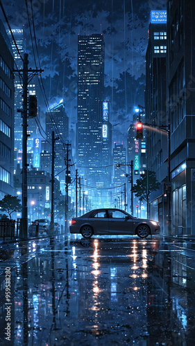 anime heavy rain pouring in dark city background art design backdrop