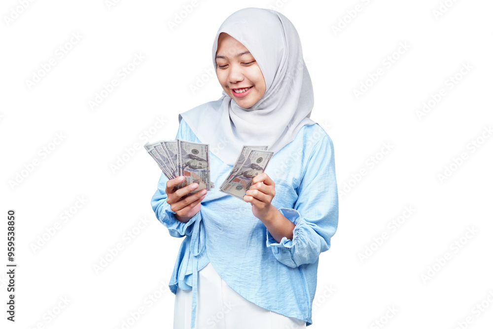 Smiling hijab asian woman counting money isolated transparent Smiling hijab asian woman counting money isolated transparent