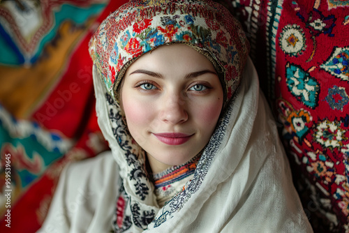 Portrait of a Russian woman in traditional sarafan and kokoshnik, Russia photo