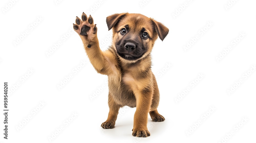 Obraz premium Adorable puppy standing on hind legs, playfully waving front paws, isolated on a white background, showcasing playful and energetic behavior, perfect for pet-related themes and family-friendly content