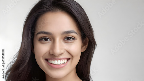 a closeup photo portrait of a beautiful young asian indian model woman smiling with clean teeth. used for a dental ad