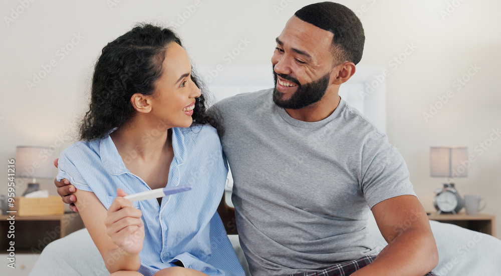 Happy couple, pregnancy stick and results in home, hug and support for positive baby news. People, plastic test and together for reading ovulation tool in bedroom, fertility treatment and embrace Happy couple, pregnancy stick and results in home, hug and support for positive baby news. People, plastic test and together for reading ovulation tool in bedroom, fertility treatment and embrace
