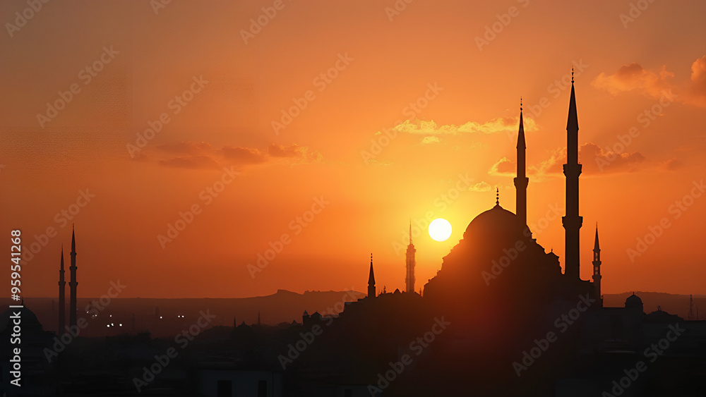 Naklejka premium The silhouette of the mosque against the sunset A banner for Islamic holidays with copy spase