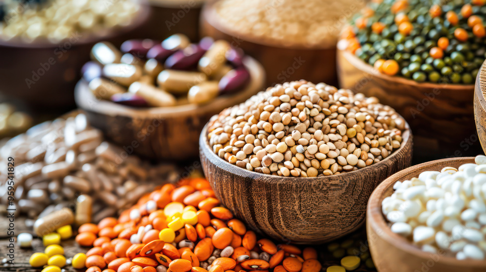 Healthy seeds and legumes in wooden bowls create vibrant display of colors and textures. Healthy seeds and legumes in wooden bowls create vibrant display of colors and textures.