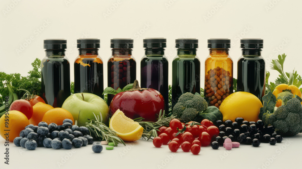 Fresh fruits and vegetables with colorful bottles of juice and supplements, showcasing healthy lifestyle. Fresh fruits and vegetables with colorful bottles of juice and supplements, showcasing healthy lifestyle.