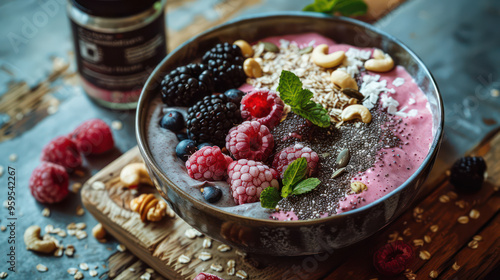 A vibrant smoothie bowl topped with fresh berries, nuts, and seeds, perfect for healthy breakfast or snack.