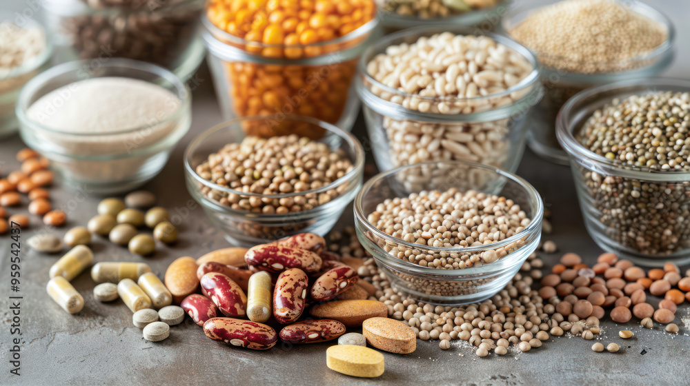 Fototapeta premium Healthy grains, legumes, and supplements arranged in glass jars and bowls, showcasing variety of colors and textures.