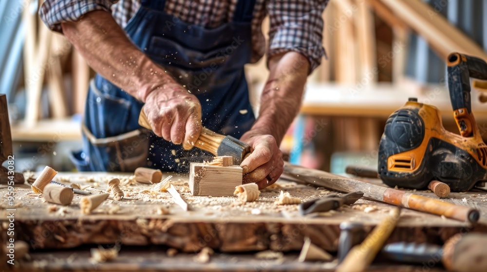 Carpenter Working with Wood in Workshop Carpenter Working with Wood in Workshop