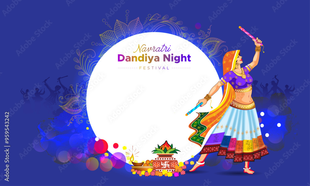 Naklejka premium Indian festival background Navratri Dandiya night template design. Dandiya dancer with Durga Puja kalash Vector illustration.