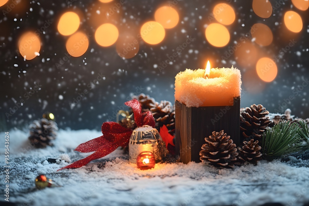 Warm candlelight illuminating a snowy winter scene with pinecones and decorations. Generative AI Warm candlelight illuminating a snowy winter scene with pinecones and decorations. Generative AI