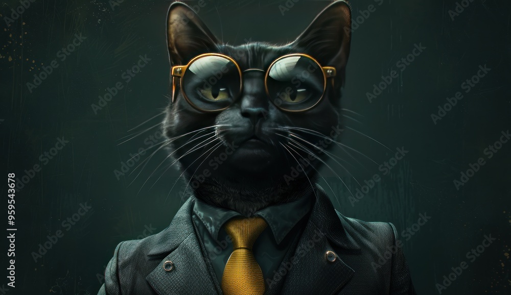 Obraz premium A Black Cat in a Suit and Sunglasses