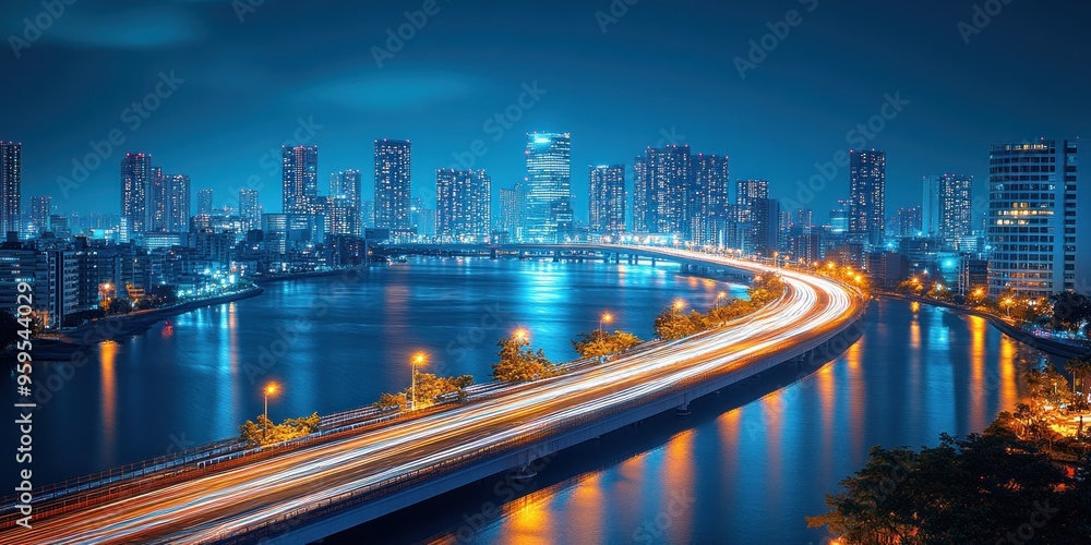 Fototapeta premium Nighttime Cityscape with Bridge and Light Trails