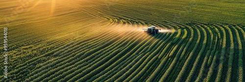 A tractor disperses pesticides across a vast, verdant soybean field, with the sun setting in the background, highlighting the expansive agricultural landscape photo