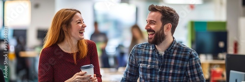 Two coworkers enjoy a lighthearted moment during a break at work, sharing laughter and a coffee in a bright, bustling office environment