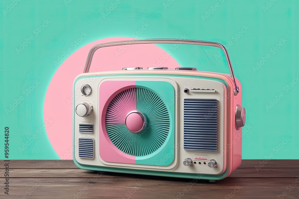Vivid Pastel Colored Nostalgic Radio Graphic on Aqua Neon Halo Background Vivid Pastel Colored Nostalgic Radio Graphic on Aqua Neon Halo Background