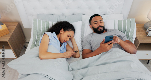 Fotografie Couple, smartphone and conflict in bed, ignore and annoyed with reading, chat or social media addiction in home