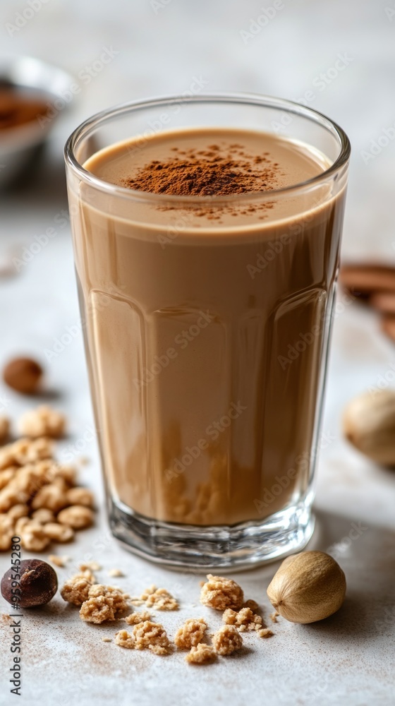 A glass of creamy chai latte topped with cinnamon powder, surrounded by granola, hazelnuts, and cinnamon sticks on a white background. A glass of creamy chai latte topped with cinnamon powder, surrounded by granola, hazelnuts, and cinnamon sticks on a white background.