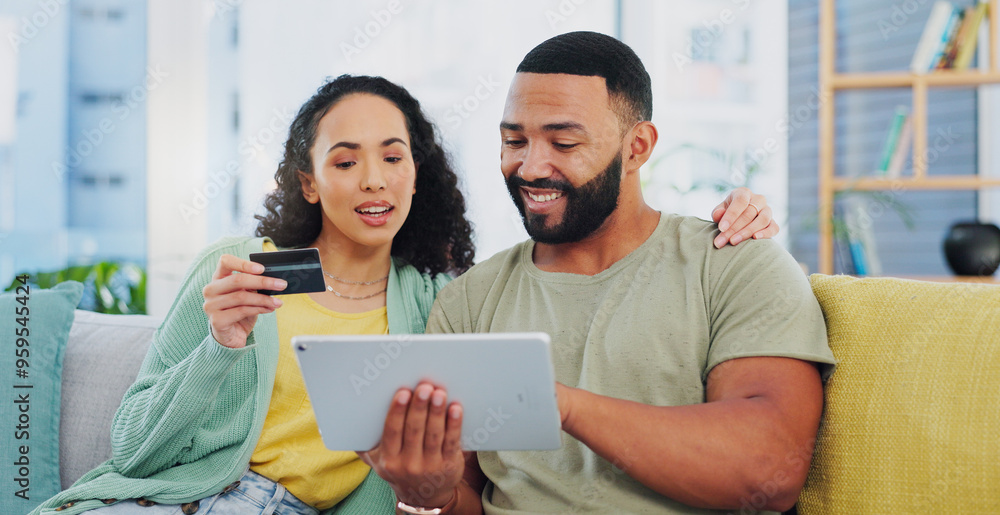 Φωτογραφία Happy couple, online shopping and tablet with credit card for payment or banking app on sofa at home