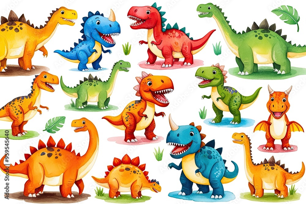 Naklejka premium Joyful Watercolor Dinosaur Illustrations for Kids Featuring Prehistoric Creatures