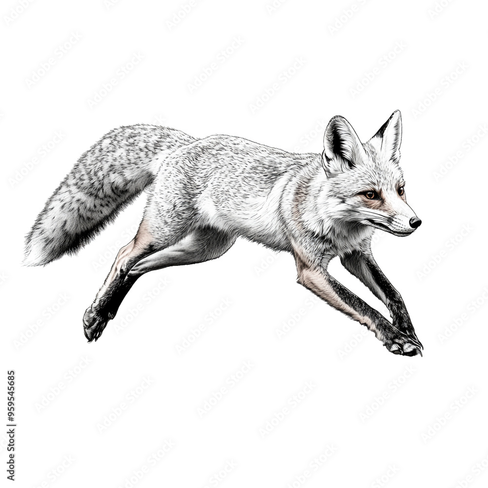 Obraz premium An outline of a leaping fox in a dynamic pose, background isolation, full depth of field