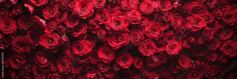 A thick cluster of fresh red roses fills the frame, displaying deep hues and soft velvety textures, perfect for celebrations or romantic occasions A thick cluster of fresh red roses fills the frame, displaying deep hues and soft velvety textures, perfect for celebrations or romantic occasions
