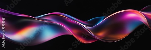 An abstract display of a fluid wave in motion, featuring a colorful gradient that flows gracefully, highlighting iridescent hues against a dark background