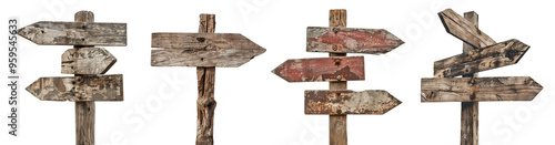 Set of wooden signposts with various arrows pointing in different directions, cut out photo