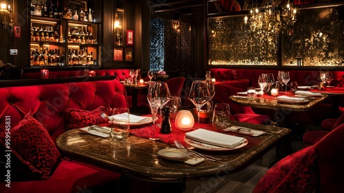 Luxurious decor with deep red tones and a selection of gourmet small plates