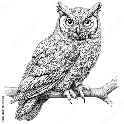 Outline of an owl on a perch, background isolation, full depth of field photo