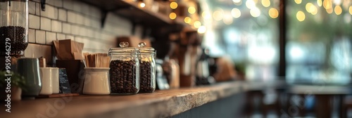 A charming coffee shop features a cozy shelf filled with coffee supplies, jars of beans, and warm lighting creating an inviting atmosphere for visitors to enjoy their drinks