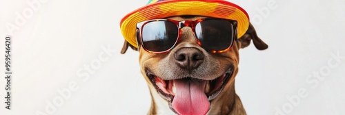 A cheerful dog embraces summer with a vibrant hat and stylish oversized sunglasses, displaying a playful spirit and enjoying the warm weather outdoors