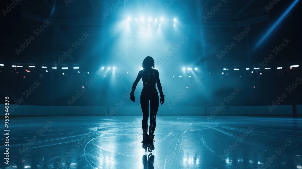 Silhouette of a Figure Skater on a Blue Ice Rink Silhouette of a Figure Skater on a Blue Ice Rink