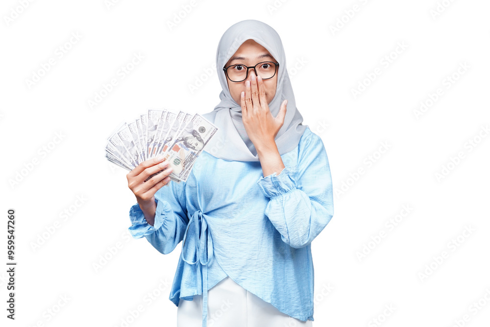 Surprised hijab asian woman with money isolated transparent Surprised hijab asian woman with money isolated transparent