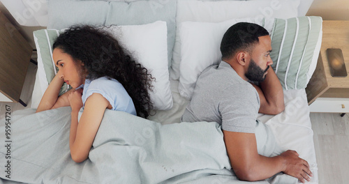 Tableau sur toile Couple, fighting and silent treatment in bedroom, toxic marriage and cheating affair in home