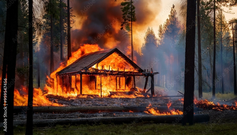 A burning house in the middle of a forest, with fire spreading to nearby trees. A burning house in the middle of a forest, with fire spreading to nearby trees.