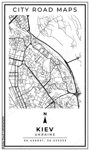 Monochrome Line Art Map of Kiev Capital City of Ukraine, Illustration and home decoration