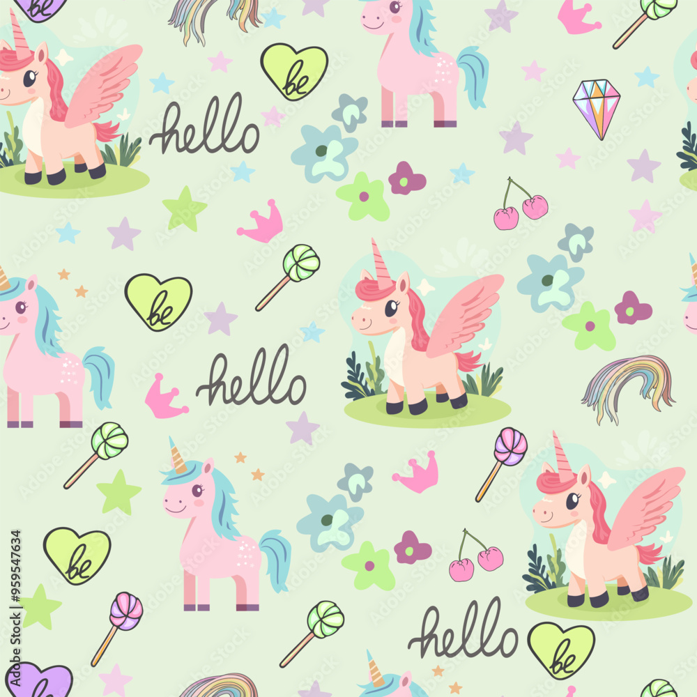 Baby fashion pattern design with cute unicorn, cloud, rainbow and flower drawing. Seamless pattern. Kids fashion Baby fashion pattern design with cute unicorn, cloud, rainbow and flower drawing. Seamless pattern. Kids fashion