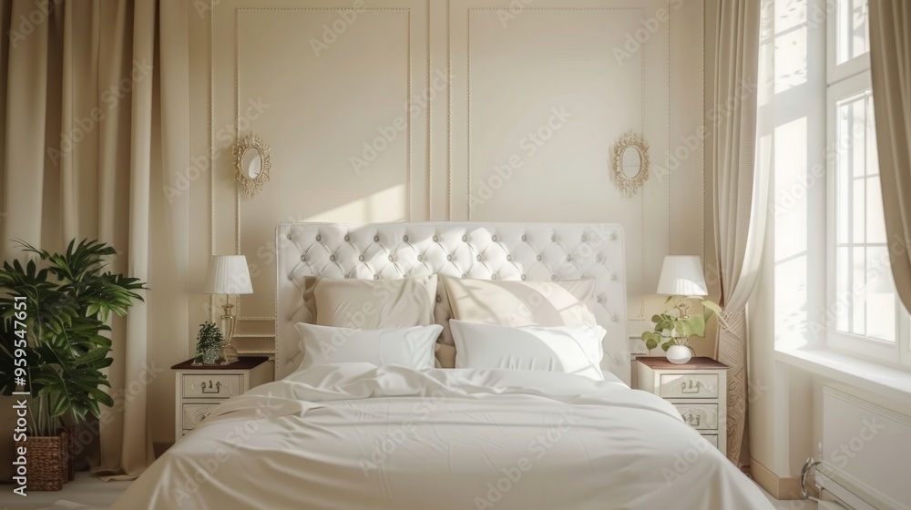 A comfortable double bed near the bedside tables in front of the window in a bright room . European - style bedroom interior . A comfortable double bed near the bedside tables in front of the window in a bright room . European - style bedroom interior .